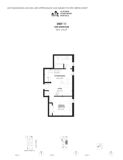 Floor plan for 1 bed, 1 bath, 476 sqft